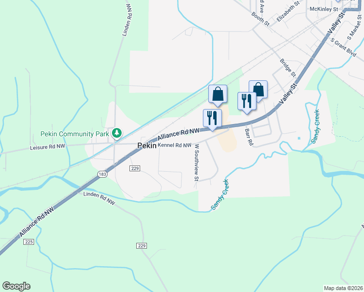 map of restaurants, bars, coffee shops, grocery stores, and more near 1186 Alliance Road Northwest in Minerva