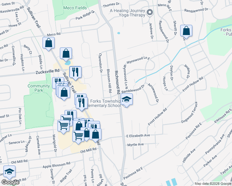 map of restaurants, bars, coffee shops, grocery stores, and more near 1845 Blossom Hill Road in Easton