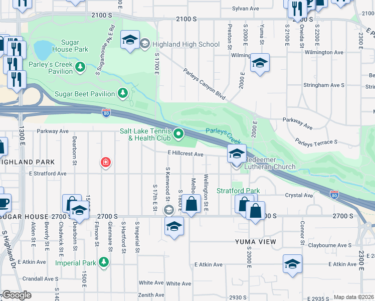 map of restaurants, bars, coffee shops, grocery stores, and more near 2471 South 1700 East in Salt Lake City