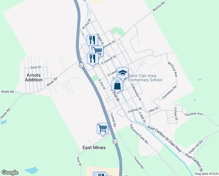 map of restaurants, bars, coffee shops, grocery stores, and more near 125 South 3rd Street in Saint Clair