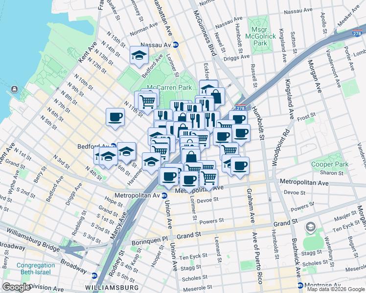 map of restaurants, bars, coffee shops, grocery stores, and more near 61 Withers Street in Brooklyn