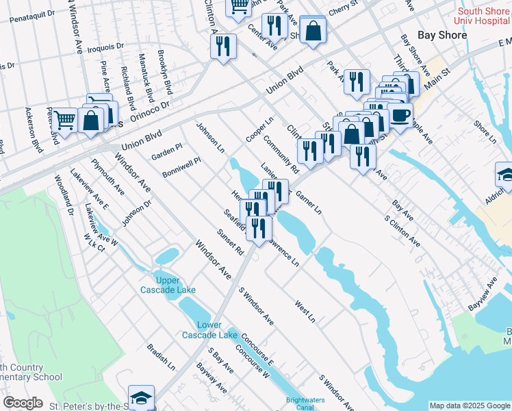 map of restaurants, bars, coffee shops, grocery stores, and more near 231 West Main Street in Bay Shore
