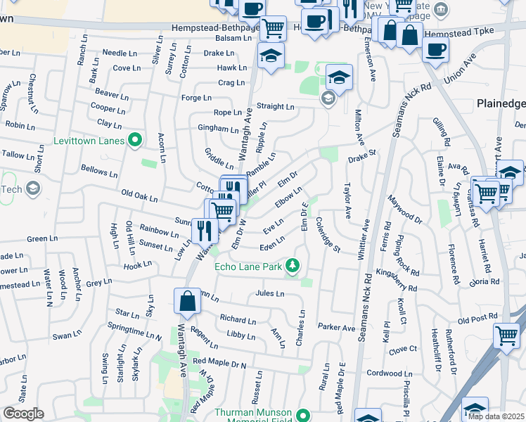 map of restaurants, bars, coffee shops, grocery stores, and more near 29 Elbow Lane in Levittown