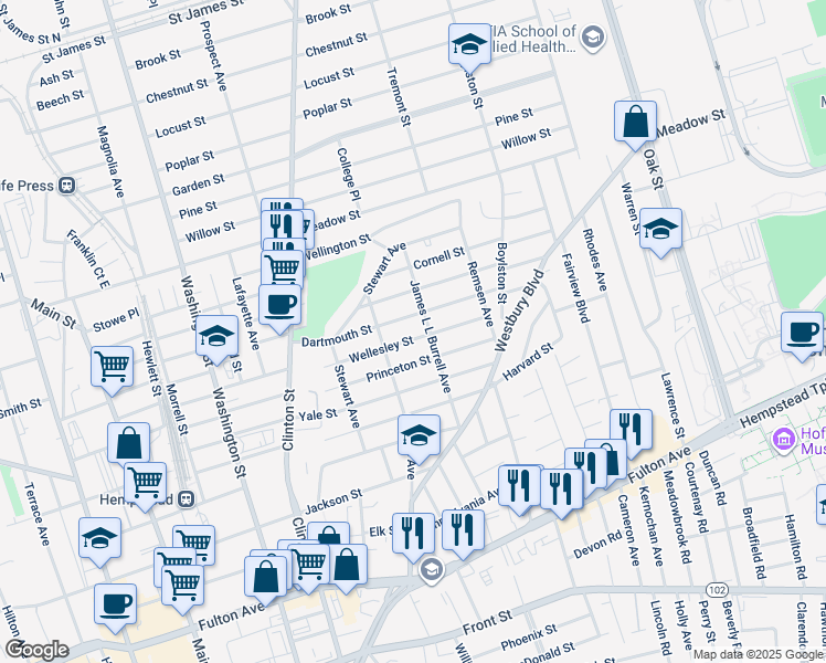 map of restaurants, bars, coffee shops, grocery stores, and more near 83 James L L Burrell Avenue in Hempstead