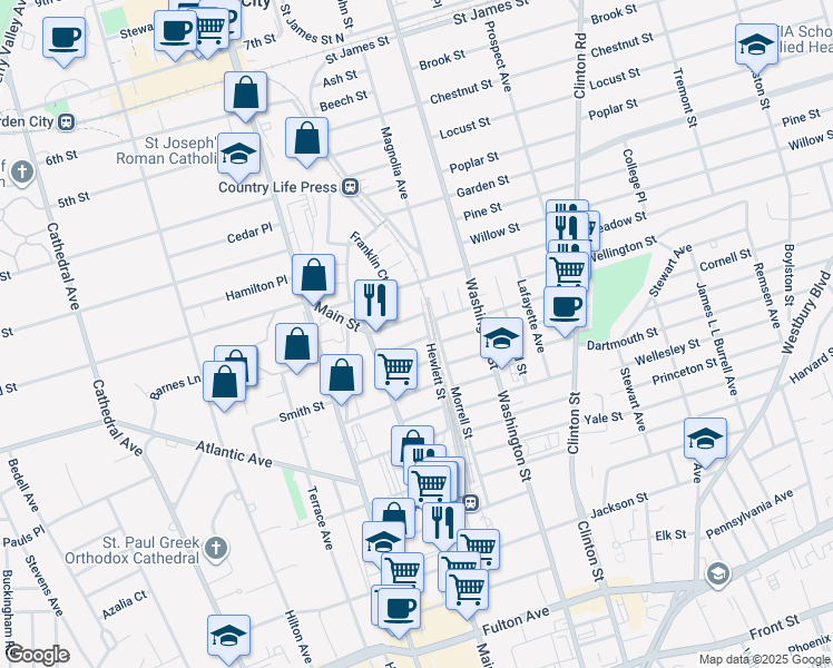 map of restaurants, bars, coffee shops, grocery stores, and more near 29 Stowe Place in Hempstead