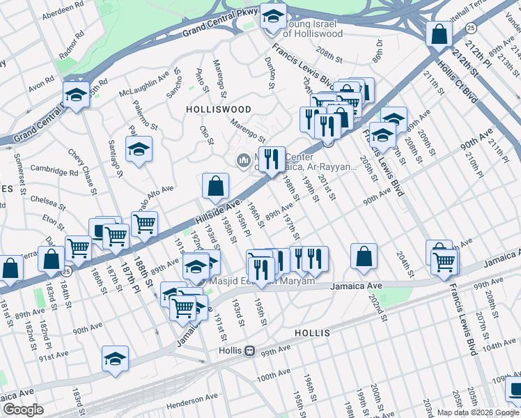 map of restaurants, bars, coffee shops, grocery stores, and more near 88-24 197th Street in Queens