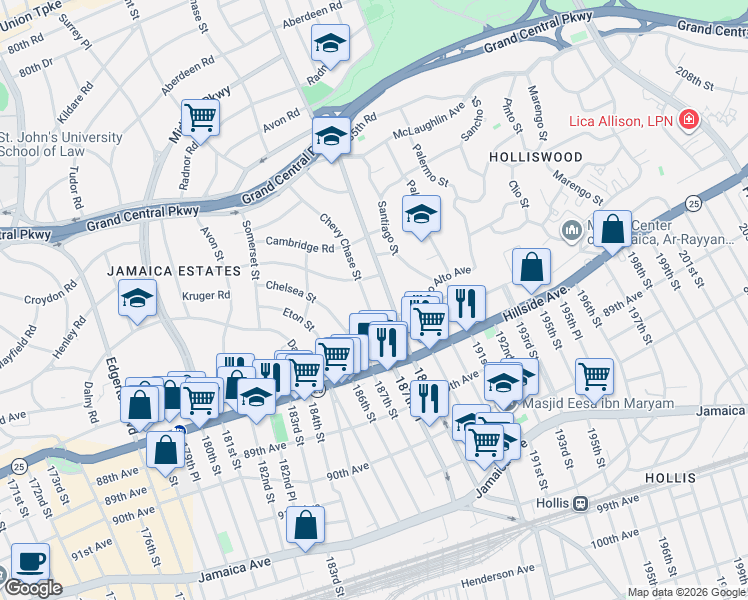 map of restaurants, bars, coffee shops, grocery stores, and more near 87-7 188th Street in Queens