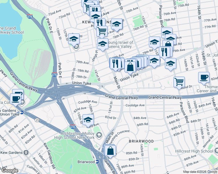 map of restaurants, bars, coffee shops, grocery stores, and more near in Queens