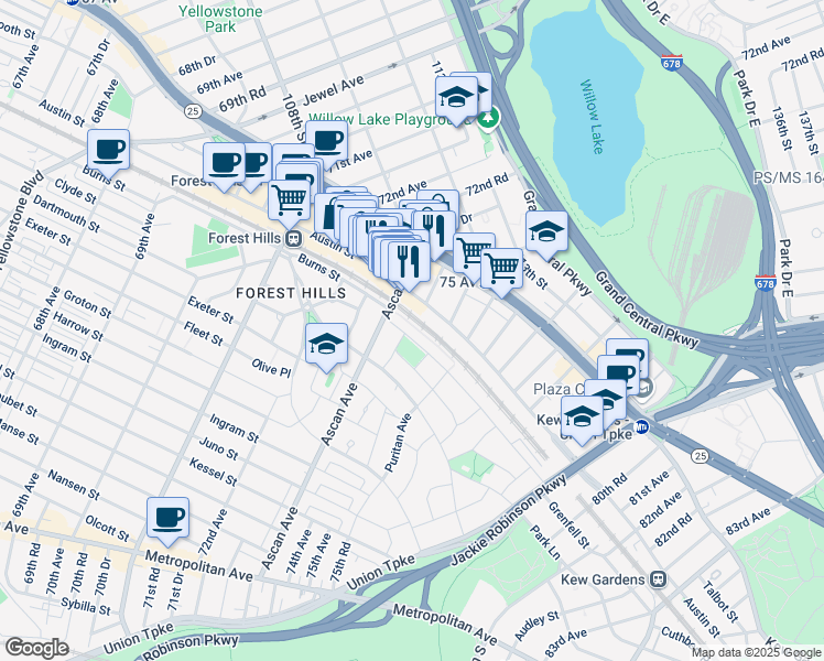map of restaurants, bars, coffee shops, grocery stores, and more near in Queens