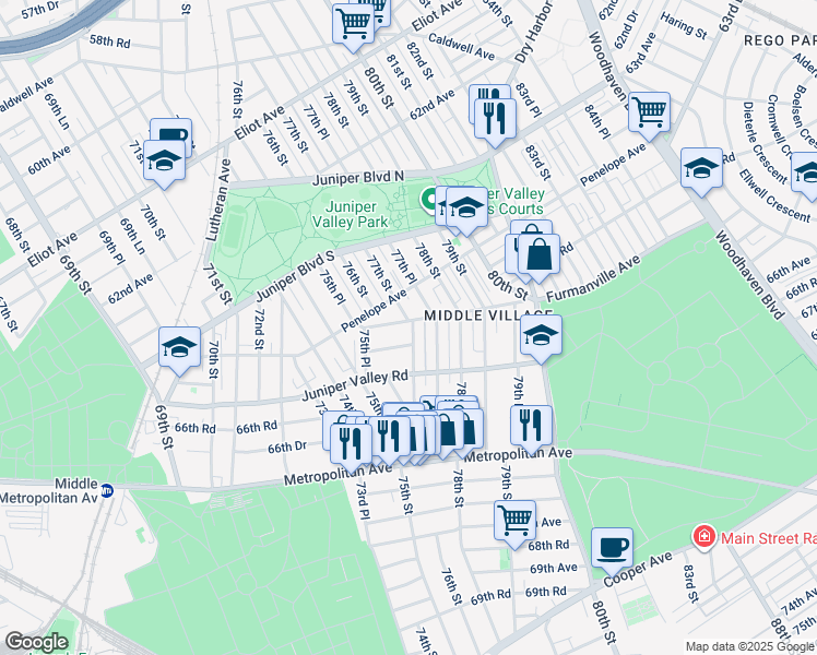 map of restaurants, bars, coffee shops, grocery stores, and more near 64-10 77th Street in Queens