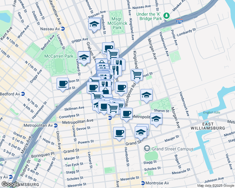 map of restaurants, bars, coffee shops, grocery stores, and more near 189 Withers Street in Brooklyn