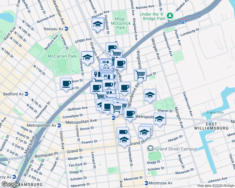 map of restaurants, bars, coffee shops, grocery stores, and more near 189 Withers Street in Brooklyn