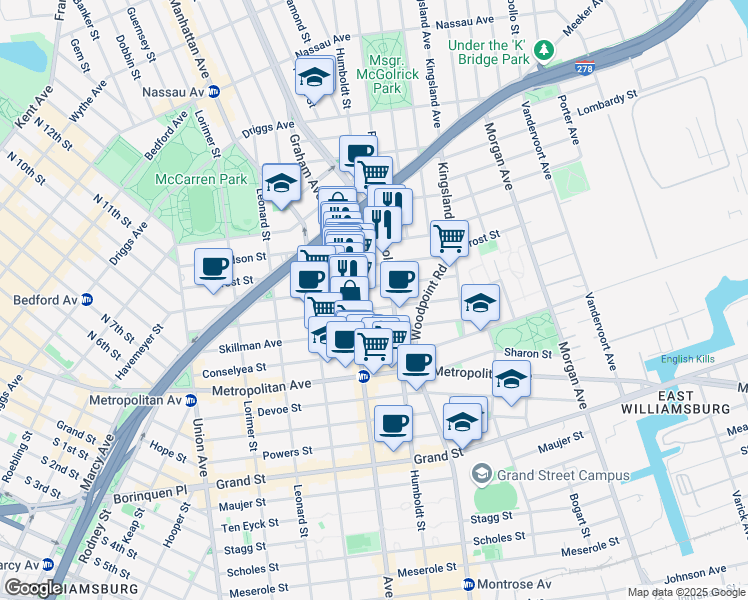 map of restaurants, bars, coffee shops, grocery stores, and more near 189 Withers Street in Brooklyn