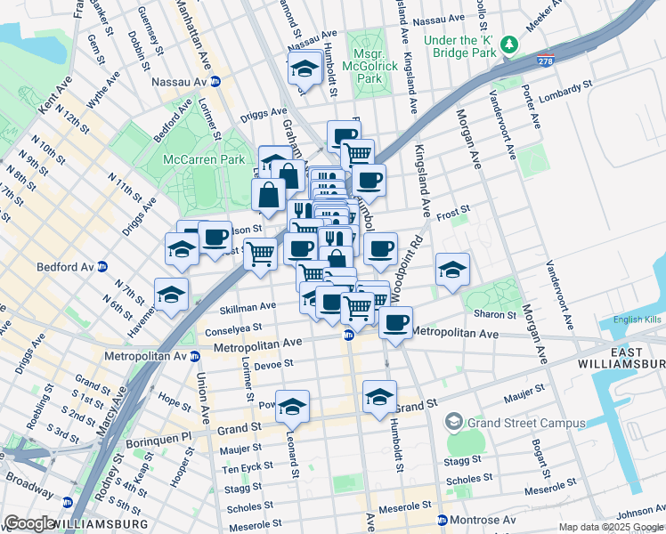 map of restaurants, bars, coffee shops, grocery stores, and more near 159 Withers Street in Brooklyn
