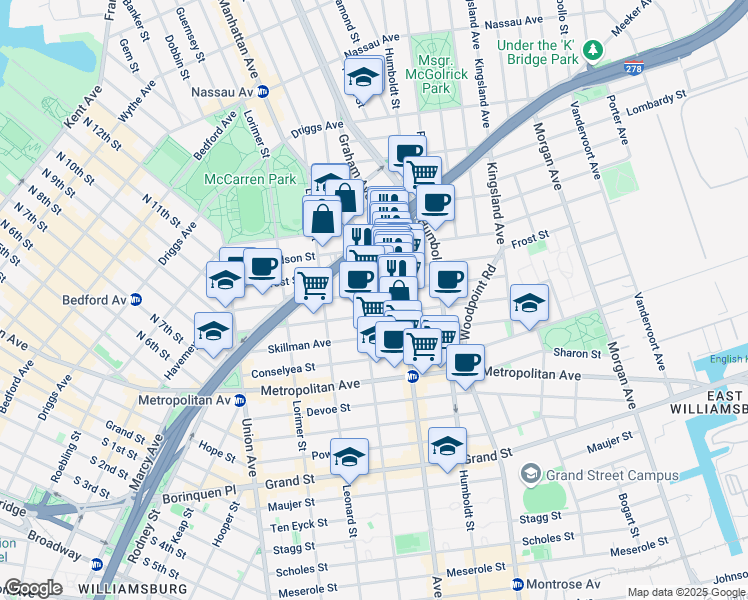 map of restaurants, bars, coffee shops, grocery stores, and more near 159 Withers Street in Brooklyn
