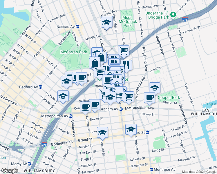 map of restaurants, bars, coffee shops, grocery stores, and more near 159 Withers Street in Brooklyn