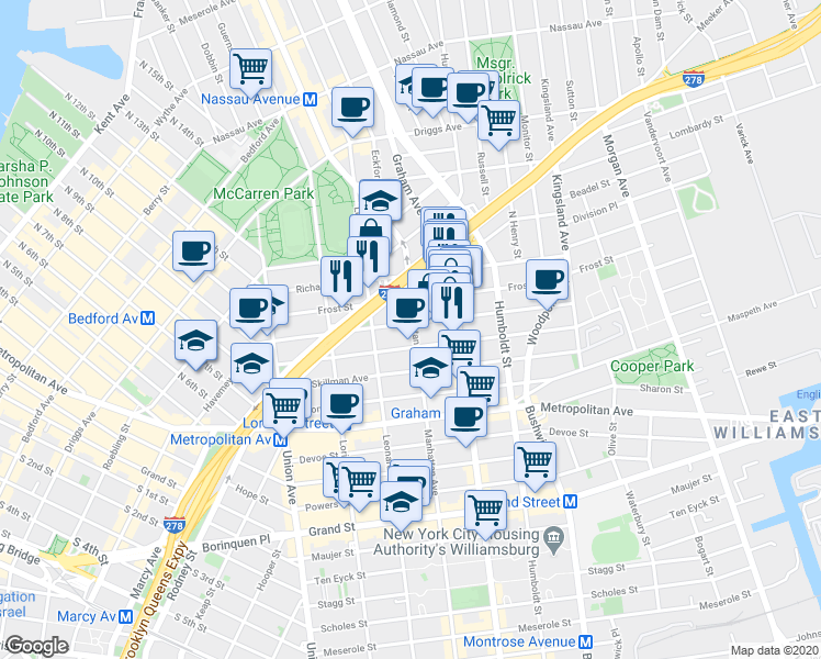 map of restaurants, bars, coffee shops, grocery stores, and more near 104 Frost Street in Brooklyn