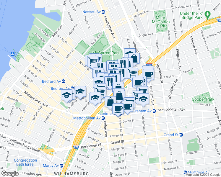 map of restaurants, bars, coffee shops, grocery stores, and more near 689 Lorimer Street in Brooklyn