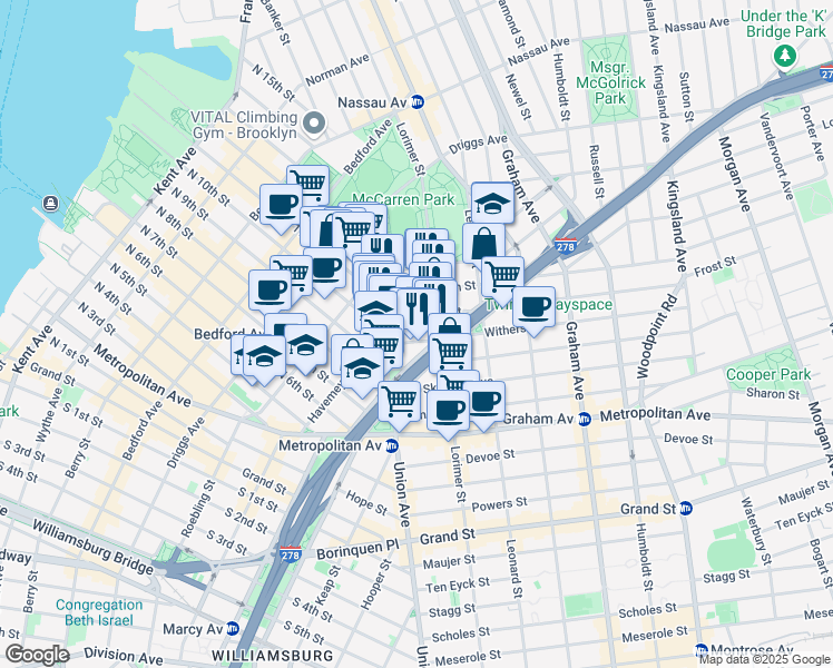 map of restaurants, bars, coffee shops, grocery stores, and more near 15 Frost Street in Brooklyn