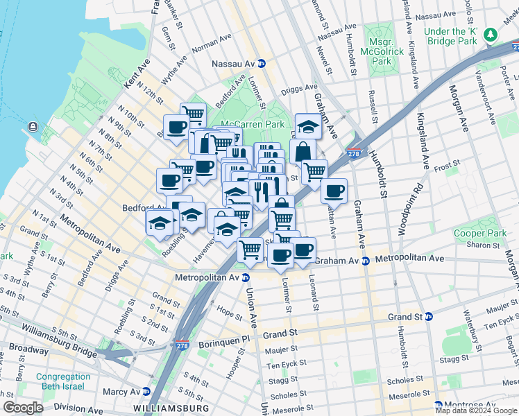 map of restaurants, bars, coffee shops, grocery stores, and more near 15 Frost Street in Brooklyn