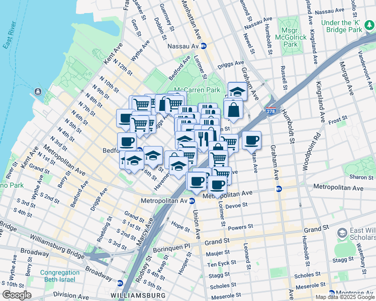 map of restaurants, bars, coffee shops, grocery stores, and more near 15 Frost Street in Brooklyn