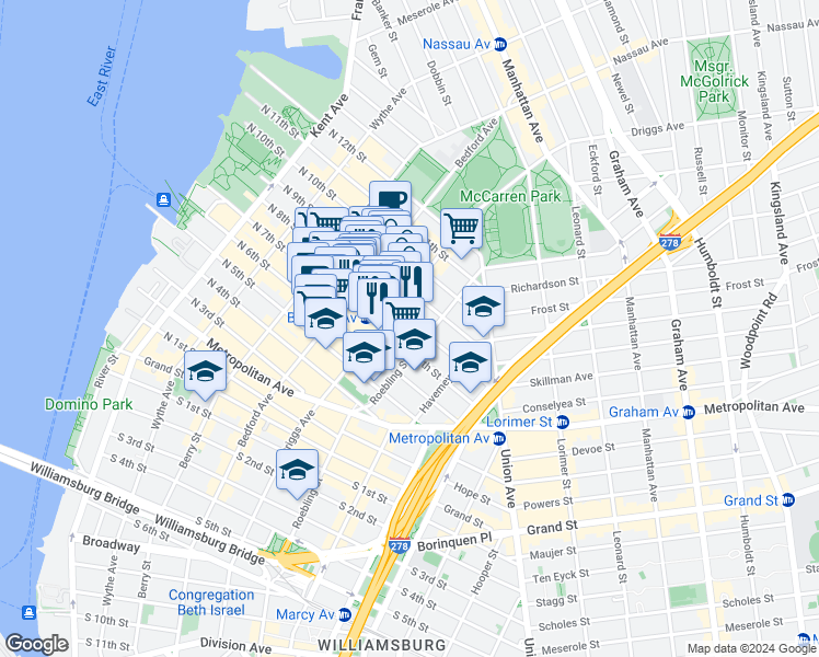 map of restaurants, bars, coffee shops, grocery stores, and more near 534 Driggs Avenue in Brooklyn