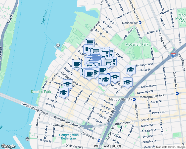 map of restaurants, bars, coffee shops, grocery stores, and more near 198 Bedford Avenue in Brooklyn