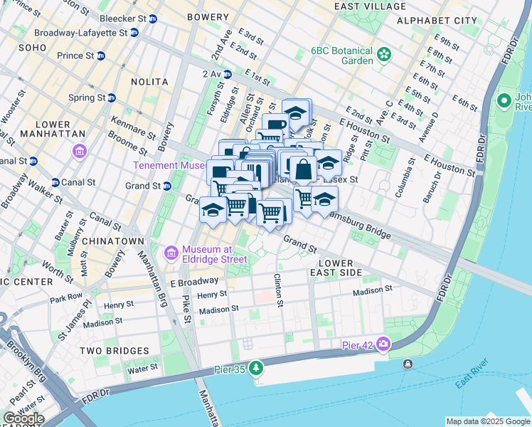 map of restaurants, bars, coffee shops, grocery stores, and more near 202 Broome Street in New York