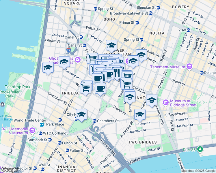 map of restaurants, bars, coffee shops, grocery stores, and more near 381 Broadway in New York