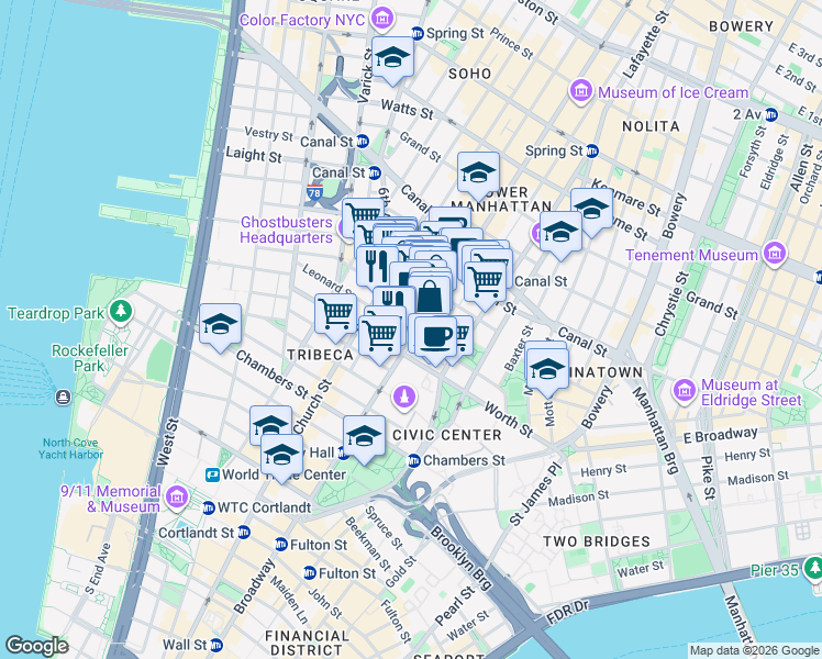 map of restaurants, bars, coffee shops, grocery stores, and more near 51-53 White Street in New York