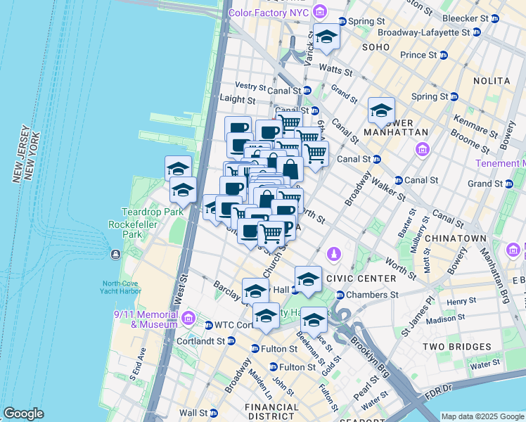 map of restaurants, bars, coffee shops, grocery stores, and more near in New York