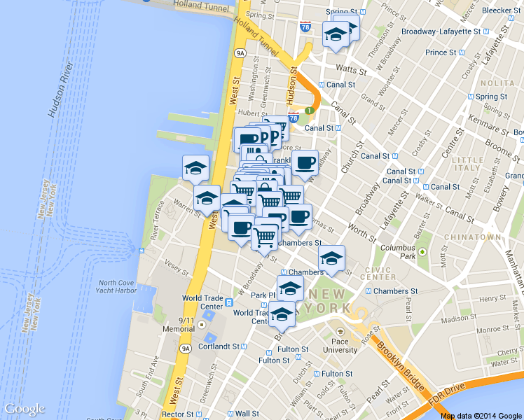 map of restaurants, bars, coffee shops, grocery stores, and more near 165 Duane Street in New York