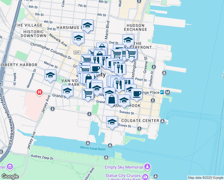 map of restaurants, bars, coffee shops, grocery stores, and more near 128 Montgomery Street in Jersey City