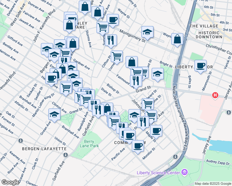 map of restaurants, bars, coffee shops, grocery stores, and more near 533 Johnston Avenue in Jersey City