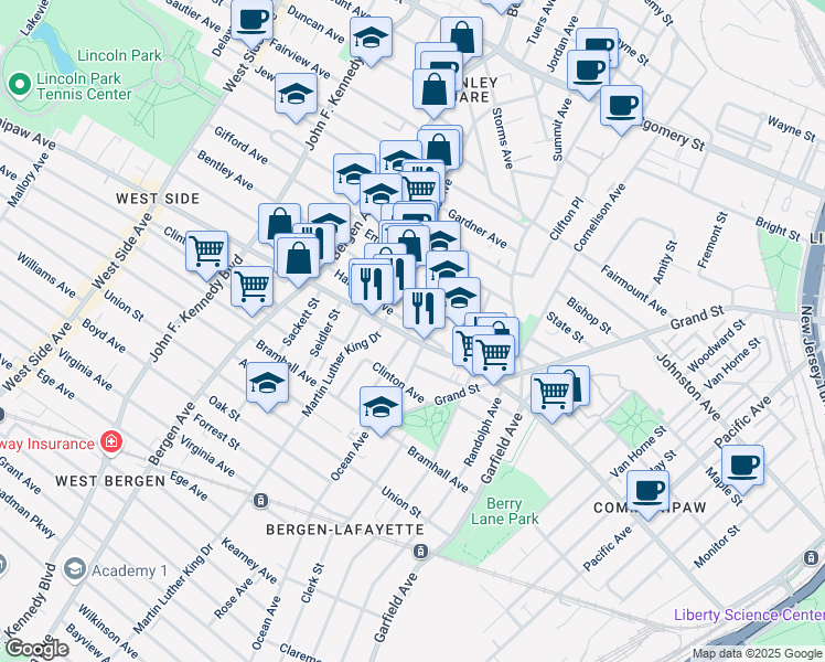map of restaurants, bars, coffee shops, grocery stores, and more near 54 Harrison Avenue in Jersey City