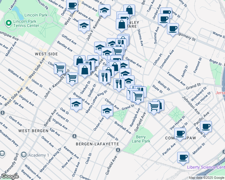 map of restaurants, bars, coffee shops, grocery stores, and more near 54 Harrison Avenue in Jersey City
