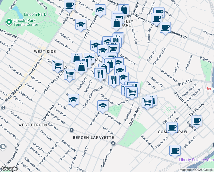 map of restaurants, bars, coffee shops, grocery stores, and more near 52 Harrison Avenue in Jersey City