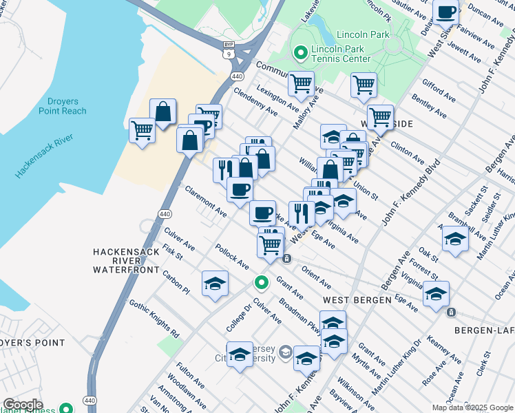 map of restaurants, bars, coffee shops, grocery stores, and more near 80 Clarke Avenue in Jersey City