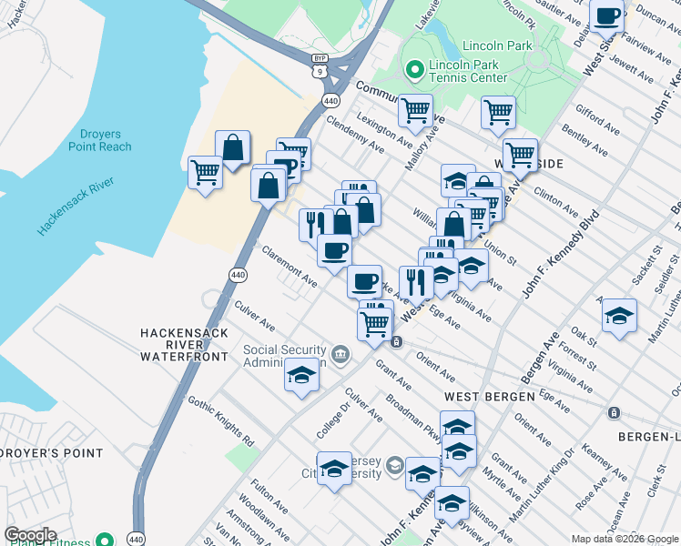 map of restaurants, bars, coffee shops, grocery stores, and more near 80 Clarke Avenue in Jersey City