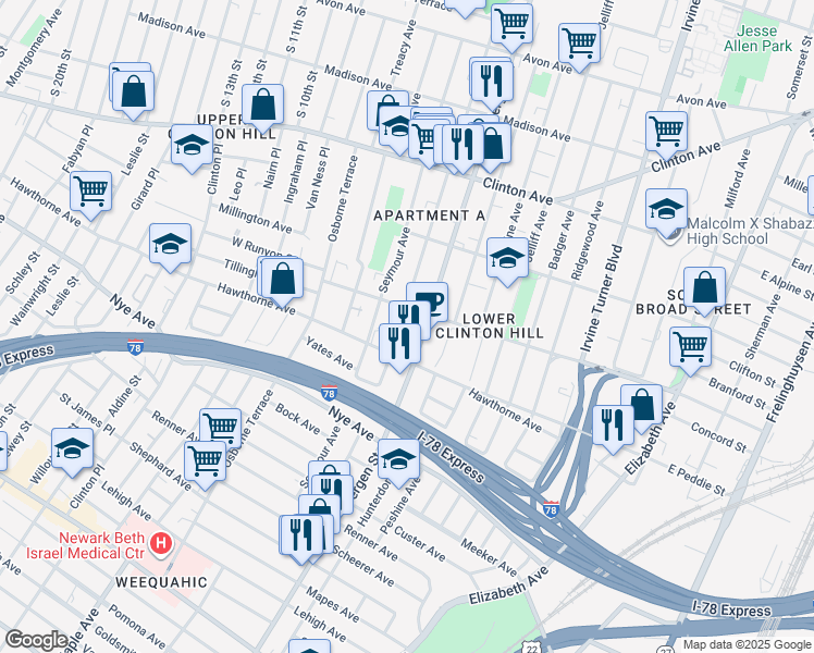 map of restaurants, bars, coffee shops, grocery stores, and more near 186 West Runyon Street in Newark