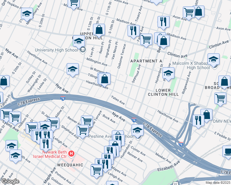 map of restaurants, bars, coffee shops, grocery stores, and more near 147 Osborne Terrace in Newark