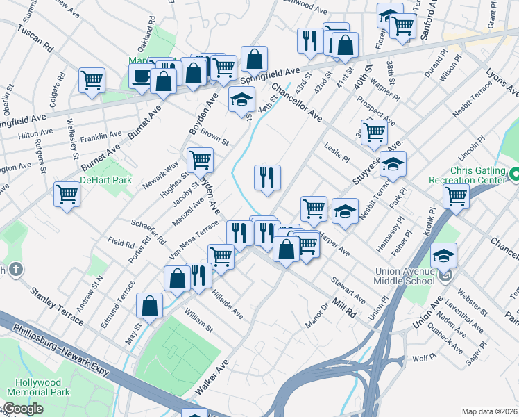 map of restaurants, bars, coffee shops, grocery stores, and more near 231 40th Street in Irvington
