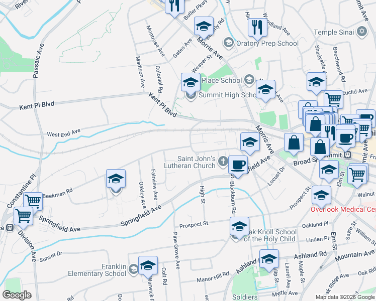 map of restaurants, bars, coffee shops, grocery stores, and more near 5 Beekman Road in Summit