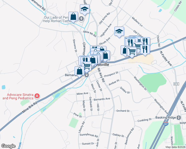 map of restaurants, bars, coffee shops, grocery stores, and more near 15 Mount Airy Road in Bernardsville