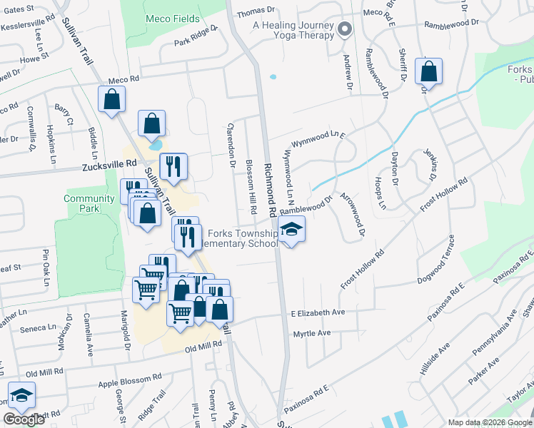map of restaurants, bars, coffee shops, grocery stores, and more near 1845 Blossom Hill Road in Easton