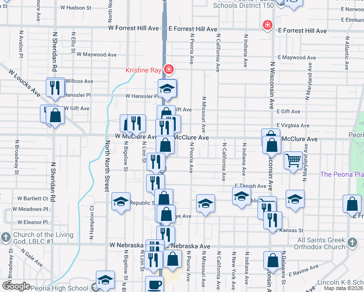 map of restaurants, bars, coffee shops, grocery stores, and more near 202 East McClure Avenue in Peoria