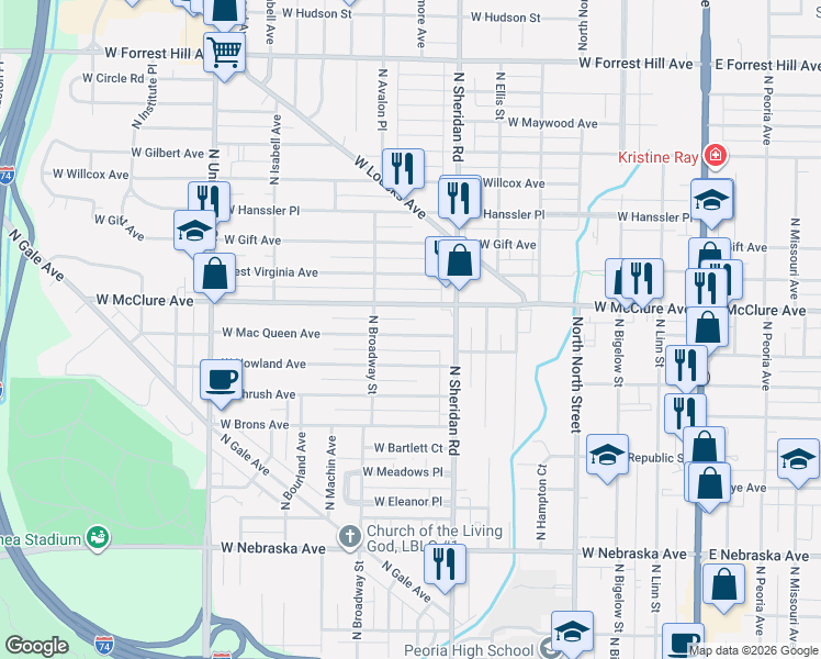 map of restaurants, bars, coffee shops, grocery stores, and more near 808 West McClure Avenue in Peoria