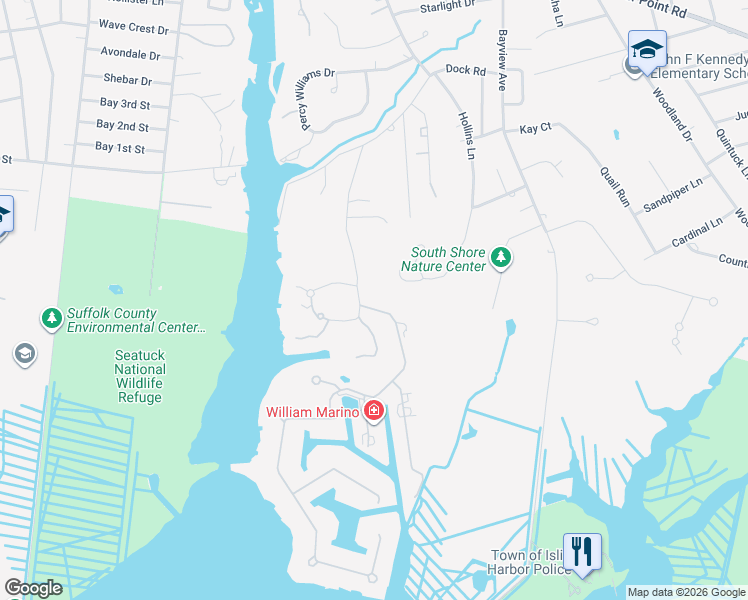 map of restaurants, bars, coffee shops, grocery stores, and more near 95 Meadowfarm Road in East Islip