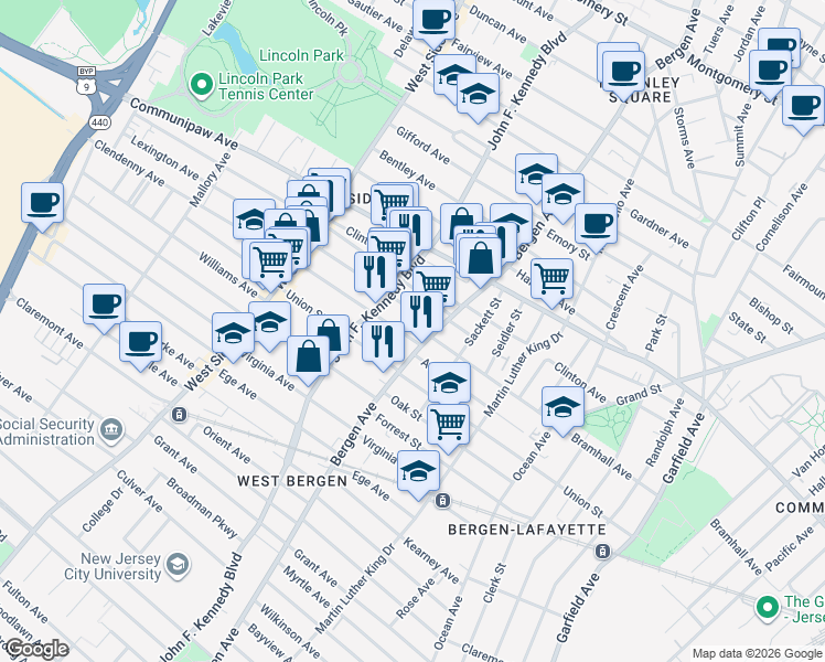 map of restaurants, bars, coffee shops, grocery stores, and more near 33 Lexington Avenue in Jersey City