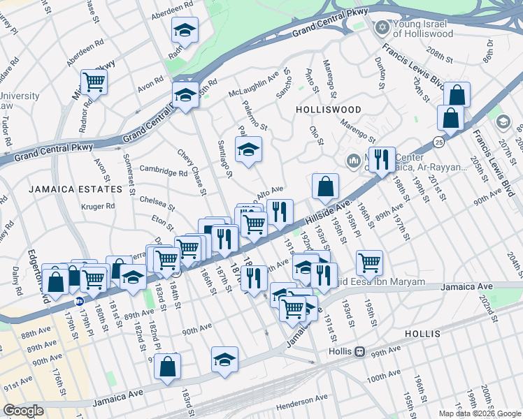 map of restaurants, bars, coffee shops, grocery stores, and more near 190-15 Palo Alto Avenue in Queens